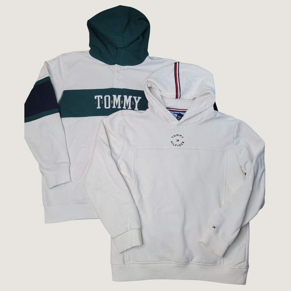 Tommy Hilfiger Boys Hoodie Lot 2pc White Green Colorblock Sweatshirts Size 14/16